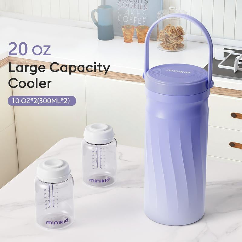 Minikid Portable Breast Milk Cooler for Outdoor,Stainless Steel Liner Breast Milk Cooler with 360° Total Cooling for 24 Hours,With Larger Capacity 2Pcs Baby Bottles for Travel