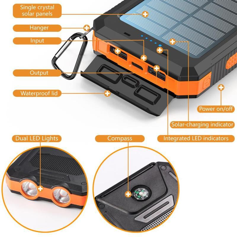 Loze10000Mah Solar Portable Charger Power Bank, Dual USB Output Ports Mobile Phone Charger for Iphone Android Devices, Waterproof External Battery Pack with Flashlight, Compass and Carabiner, Smartphone Charging Accessories, Camping Gadgets 2025