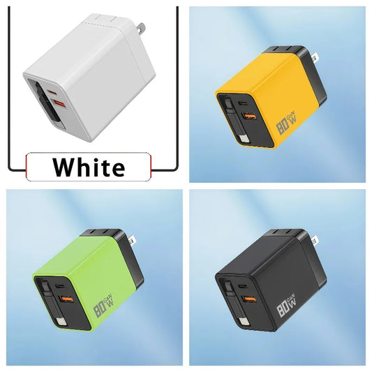 3 in 1 80W Gan Fast Charger Built-In Retractable Type-C Cable USB Type-C Charging Head for Iphone Huawei Samsung/Tablets/Laptops