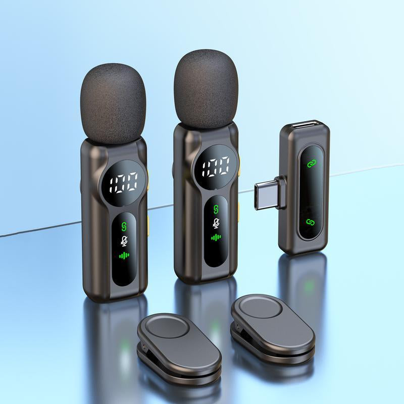Wireless Lavalier Microphone Dual Set – Plug & Play Clip-On Mic with Auto Pairing, Magnetic Mount, Noise Cancelling with LED Display for Iphone, Android, USB-C Devices,Vlog & Video Recording