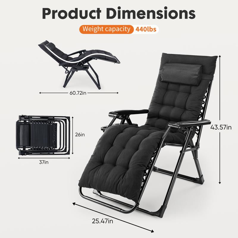 Zero Gravity Chair, Reclining Camping Lounge Chair, Reclining Patio Chairs with Cup Holder Trays and Removable Cushion, Folding Recliner for Indoor and Outdoor