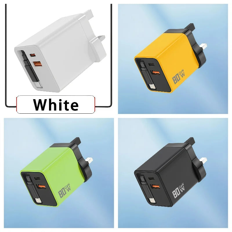 3 in 1 80W Gan Fast Charger Built-In Retractable Type-C Cable USB Type-C Charging Head for Iphone Huawei Samsung/Tablets/Laptops