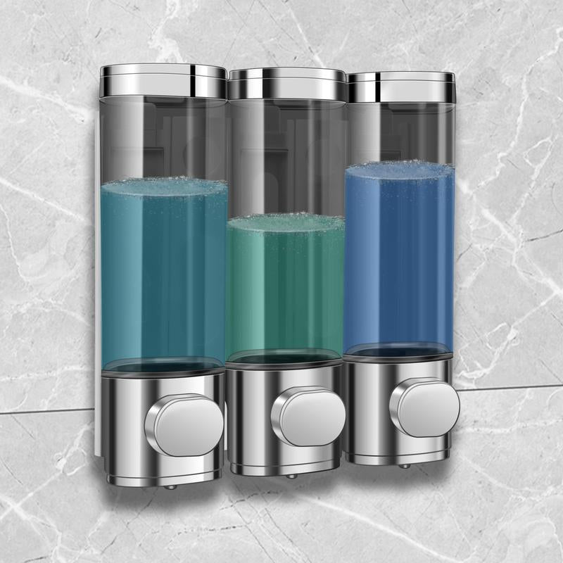 Shower Soap Dispenser Wall Mounted No Drill Shampoo Dispenser for Shower Wall Shampoo and Conditioner Dispenser Bathroom Hotel 3 * 300Ml Chrome with Labels