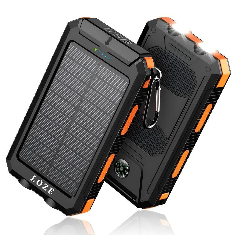 Loze10000Mah Solar Portable Charger Power Bank, Dual USB Output Ports Mobile Phone Charger for Iphone Android Devices, Waterproof External Battery Pack with Flashlight, Compass and Carabiner, Smartphone Charging Accessories, Camping Gadgets 2025
