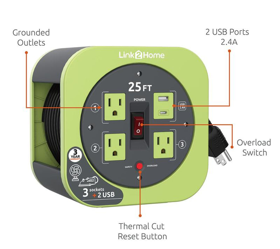Link2Home Cord Reel 25' Extension Cord Power Outlet & USB