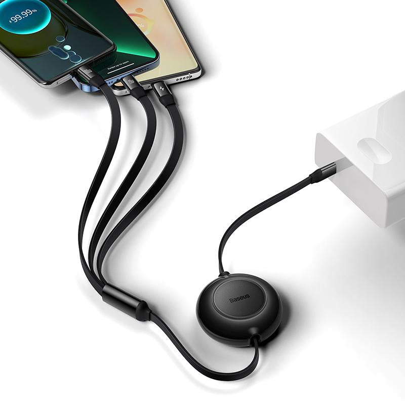 Baseus Retractable 3-In-1 Fast Charging Cable 100W Type-C to Micro USB + Lightning + USB-C
