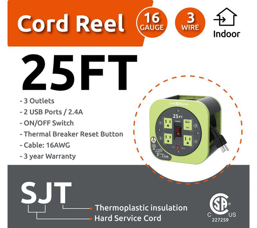 Link2Home Cord Reel 25' Extension Cord Power Outlet & USB