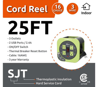 Link2Home Cord Reel 25' Extension Cord Power Outlet & USB