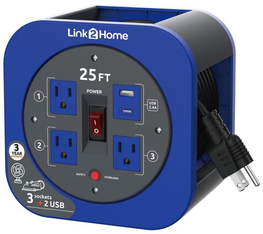 Link2Home Cord Reel 25' Extension Cord Power Outlet & USB