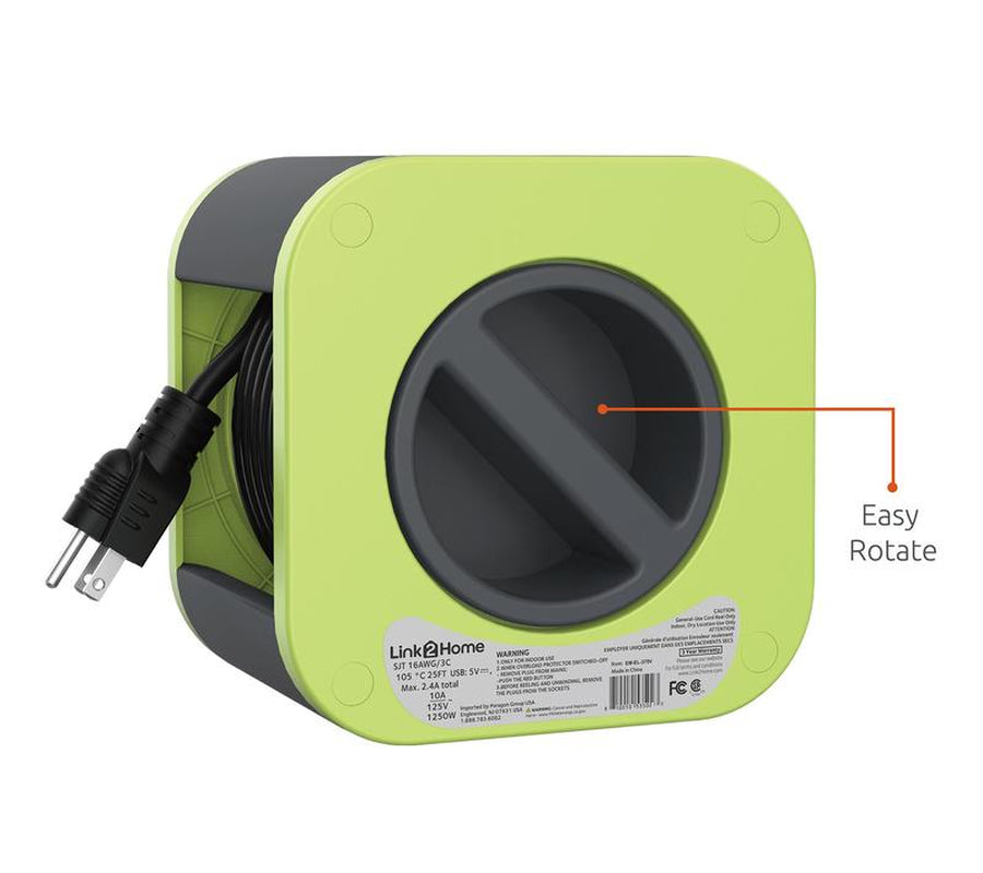 Link2Home Cord Reel 25' Extension Cord Power Outlet & USB