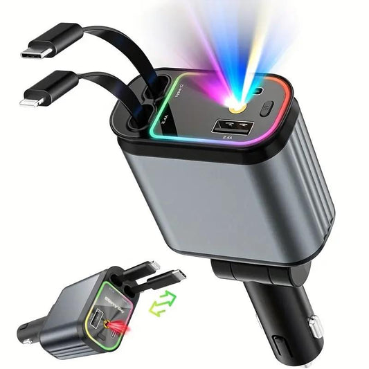4-In-1 Ultra Fast Retractable Car Charger with Starry Sky Projection Night Light, Car Ambient Light, and Fast Car Charger Suitable for Iphone 15/14/13/12/11 and Android