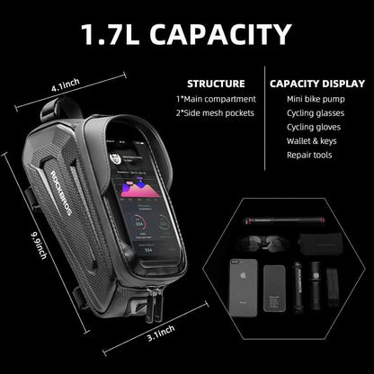 ROCKBROS Bike Bag Phone Mount Bag Bicycle Accessories Pouch, EVA Waterproof Bike Phone Holder Top Tube Front Frame Bag Handlebar Bags Compatible Phones under 6.8”