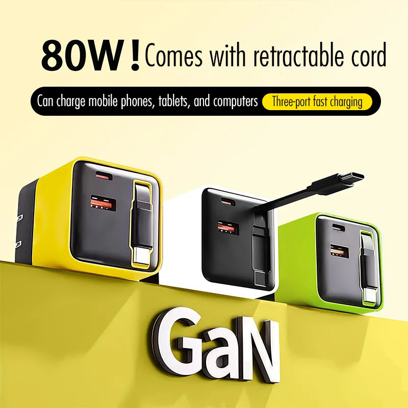 3 in 1 80W Gan Fast Charger Built-In Retractable Type-C Cable USB Type-C Charging Head for Iphone Huawei Samsung/Tablets/Laptops