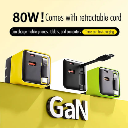 3 in 1 80W Gan Fast Charger Built-In Retractable Type-C Cable USB Type-C Charging Head for Iphone Huawei Samsung/Tablets/Laptops