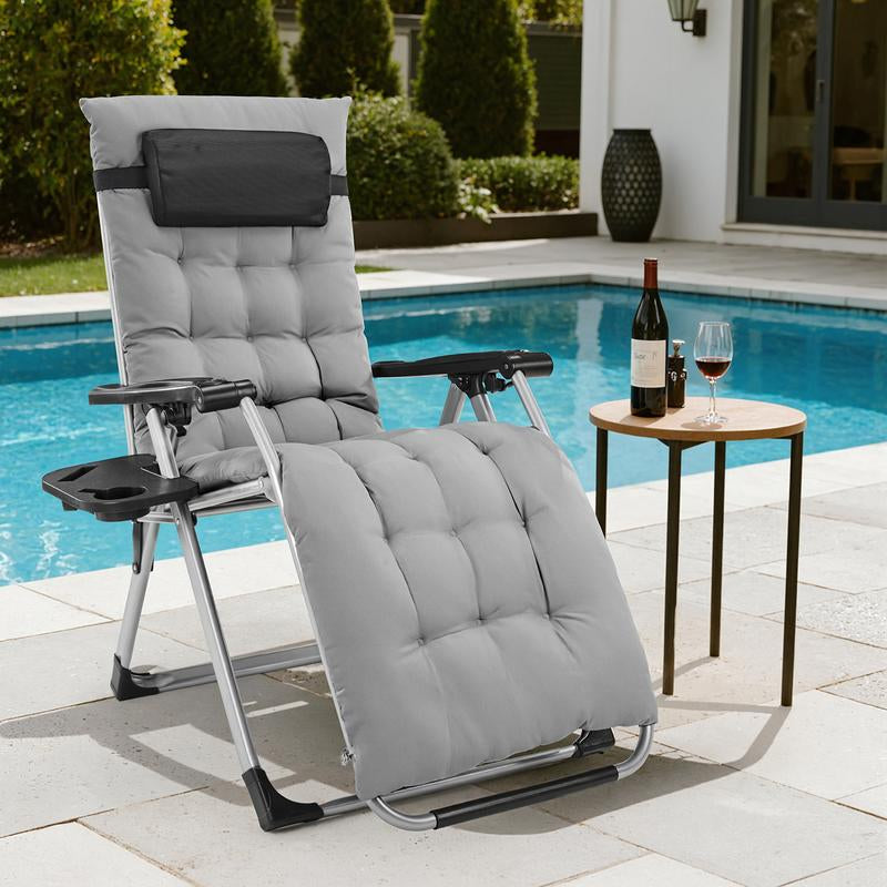 Zero Gravity Chair, Reclining Camping Lounge Chair, Reclining Patio Chairs with Cup Holder Trays and Removable Cushion, Folding Recliner for Indoor and Outdoor