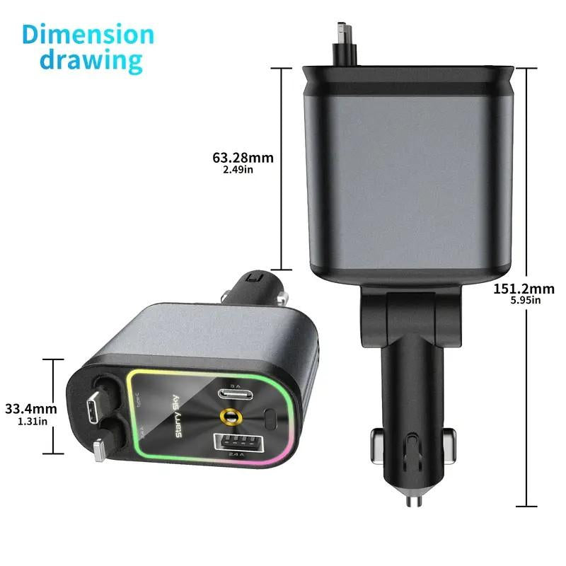 4-In-1 Ultra Fast Retractable Car Charger with Starry Sky Projection Night Light, Car Ambient Light, and Fast Car Charger Suitable for Iphone 15/14/13/12/11 and Android