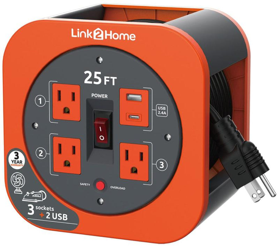Link2Home Cord Reel 25' Extension Cord Power Outlet & USB