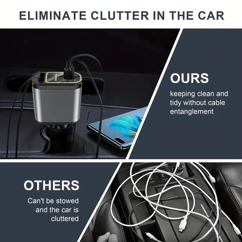4-In-1 Ultra Fast Retractable Car Charger with Starry Sky Projection Night Light, Car Ambient Light, and Fast Car Charger Suitable for Iphone 15/14/13/12/11 and Android