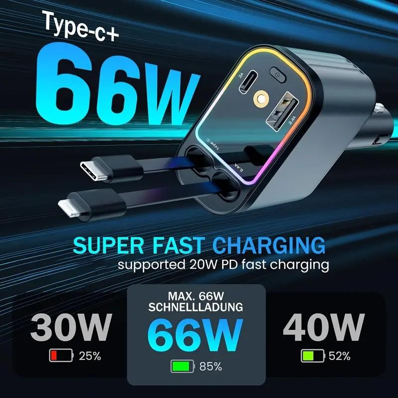 4-In-1 Ultra Fast Retractable Car Charger with Starry Sky Projection Night Light, Car Ambient Light, and Fast Car Charger Suitable for Iphone 15/14/13/12/11 and Android