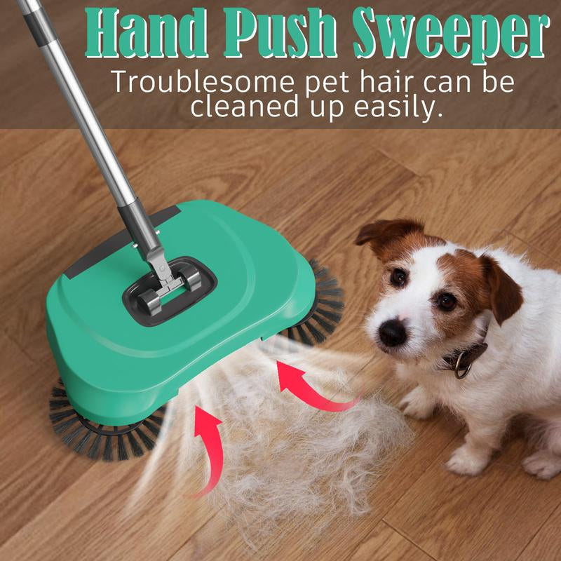 3-In-1 Manual Floor Cleaner - Push Broom, Dust Collector & Mop , Non-Electric Dry/Wet Use for Hardwood & Tile , Pet Hair/Dust Removal , Includes 3 Reusable Microfiber Cloths