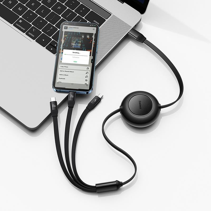 Baseus Retractable 3-In-1 Fast Charging Cable 100W Type-C to Micro USB + Lightning + USB-C