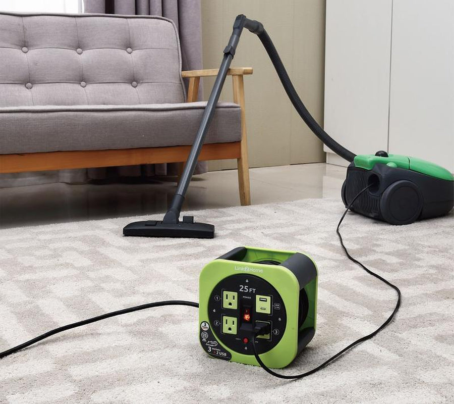 Link2Home Cord Reel 25' Extension Cord Power Outlet & USB