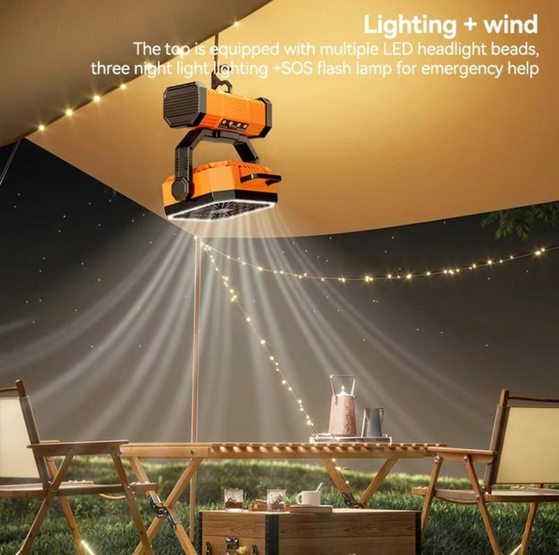 2025 Newest50000Mah Rechargeable Camping Fan with LED Lights, Portable Multifunctional Fan with 360°Rotating Hooks, Remote Control Shaking Head Desk Fan for Tent Travel Home Multifunction Outdoor Activities