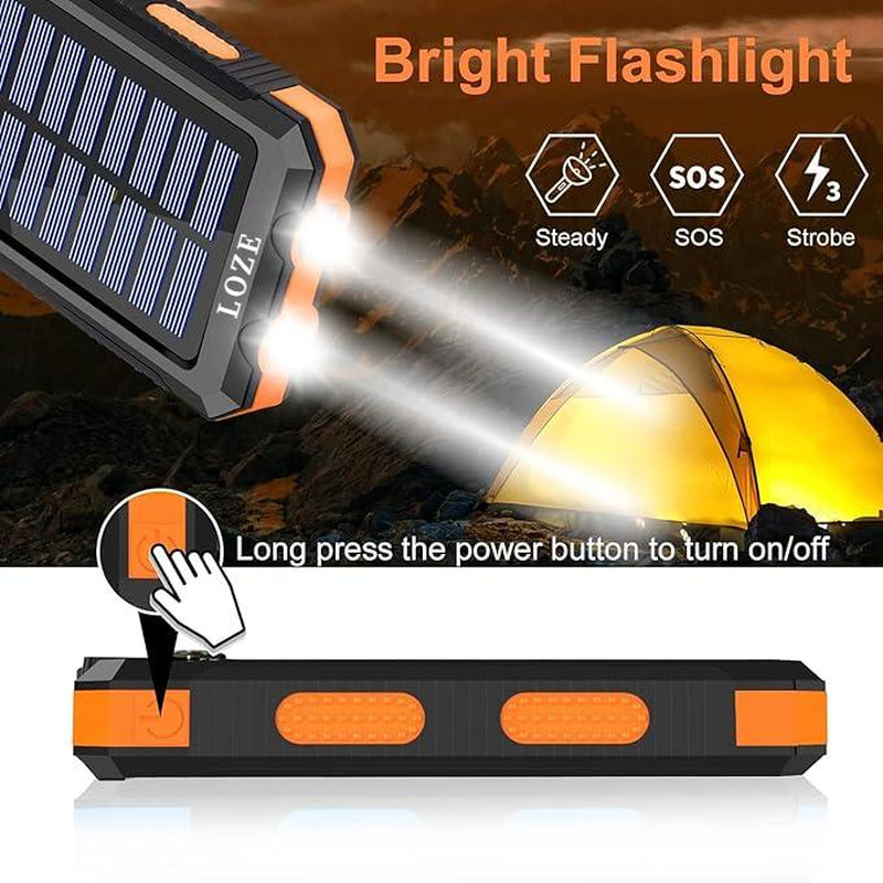 Loze10000Mah Solar Portable Charger Power Bank, Dual USB Output Ports Mobile Phone Charger for Iphone Android Devices, Waterproof External Battery Pack with Flashlight, Compass and Carabiner, Smartphone Charging Accessories, Camping Gadgets 2025